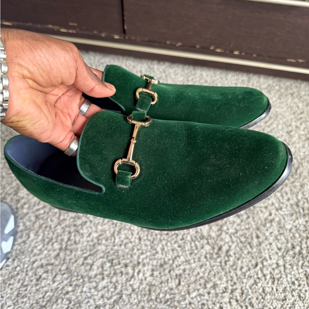 Green Velvet Loafers with Gold Buckle